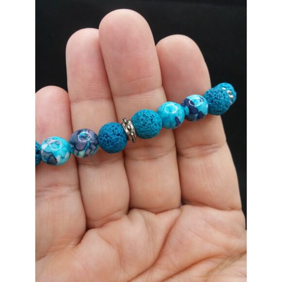 Artisan Rain Flower Jade Bracelet Beaded Lava Stones Diffuser Tibetan Silver - Picture 11 of 14